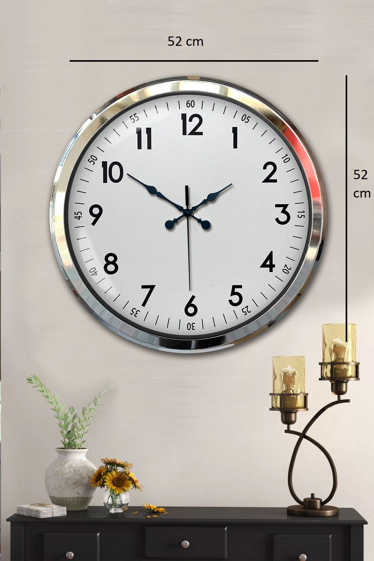 Sade Ve Şık Krom 52 Cm Metal Dekoratif Duvar Saati
