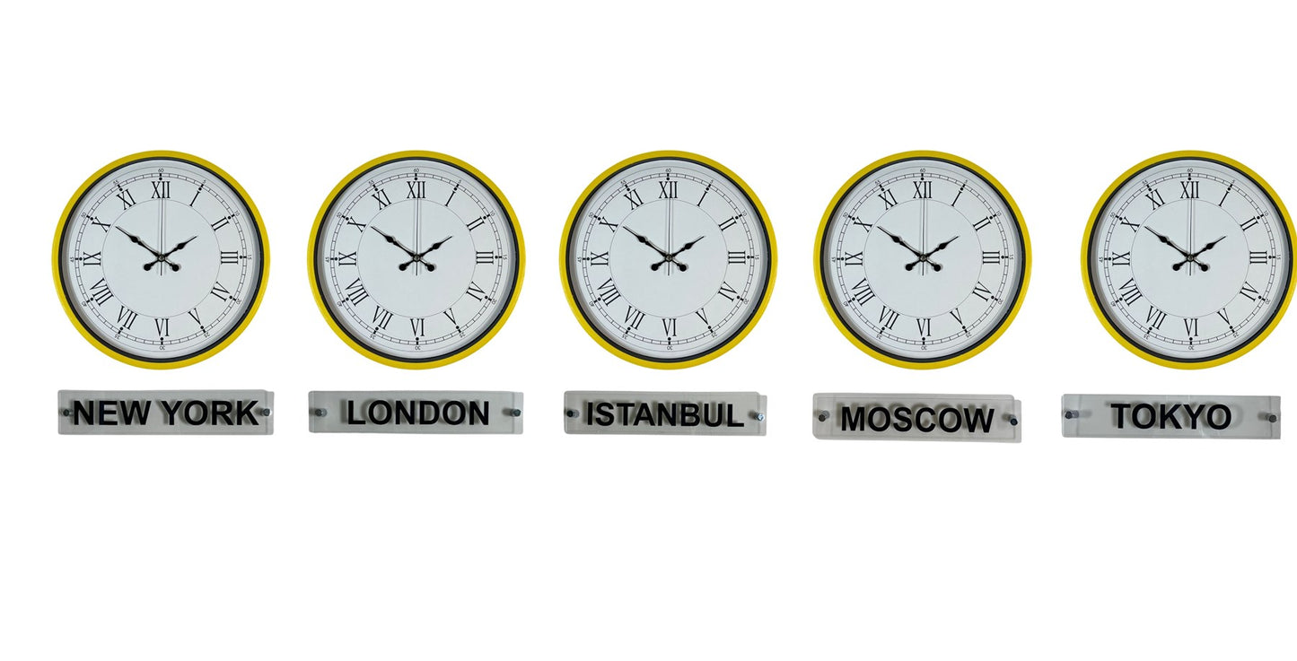 Yellow Line 5’li 36 Cm Tabelalı Dünya Saatleri