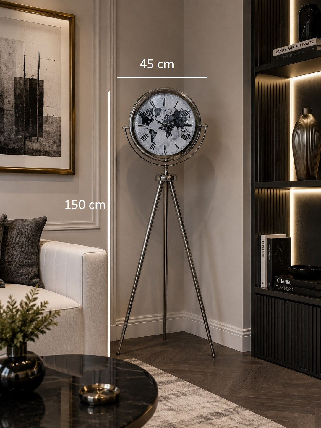 Krom Zaman Atlası 150 x 45 Cm Metal Duvar Saati