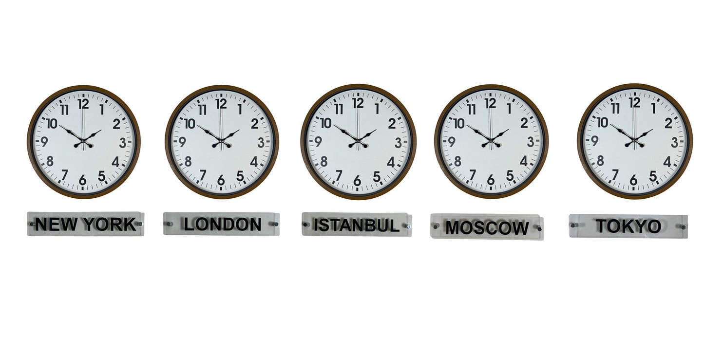 Kahverengi Modern 36 Cm 5 li Tabelalı Dünya Saatleri Seti