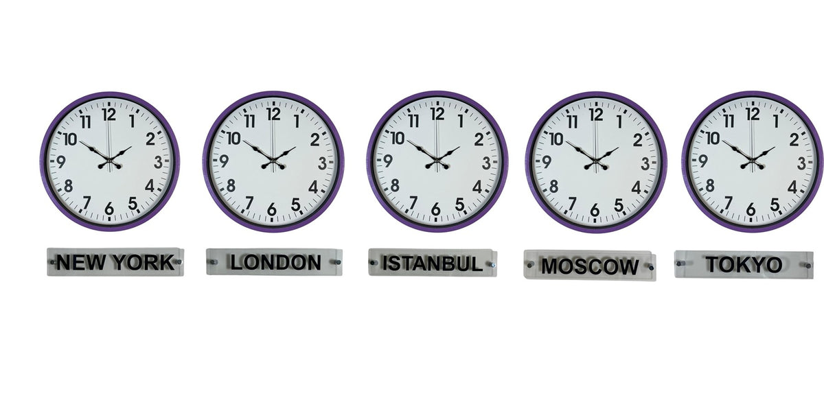 Mor Tabelalı 36 Cm Dünya Saatleri 5 li Set