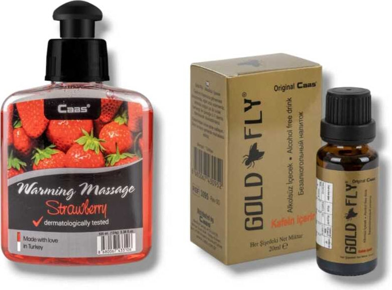 Caas Çilek Aromalı Isıtıcılı Cinsel Masaj Yağı 100 ml + Gold Fly Kadınlara Özel Damla