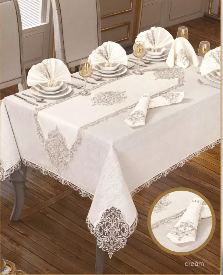 26 Parça Elegant Linen Krem-Gold 12 Kişilik 160 × 260 cm Masa Takımı