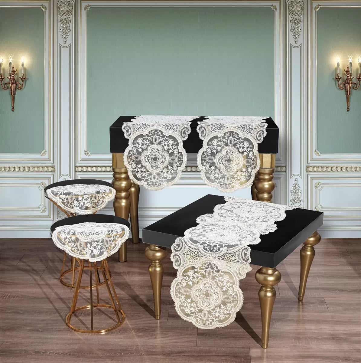 Alya Krem 5 Parça Salon Takımı Dantelli Masa Örtüsü Runner Seti Modern Tasarım