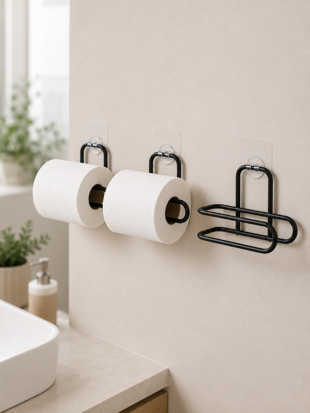 3’lü Yapışkanlı WC Kağıtlığı Siyah Rulo Tutucu Banyo ve Mutfak Kullanımı