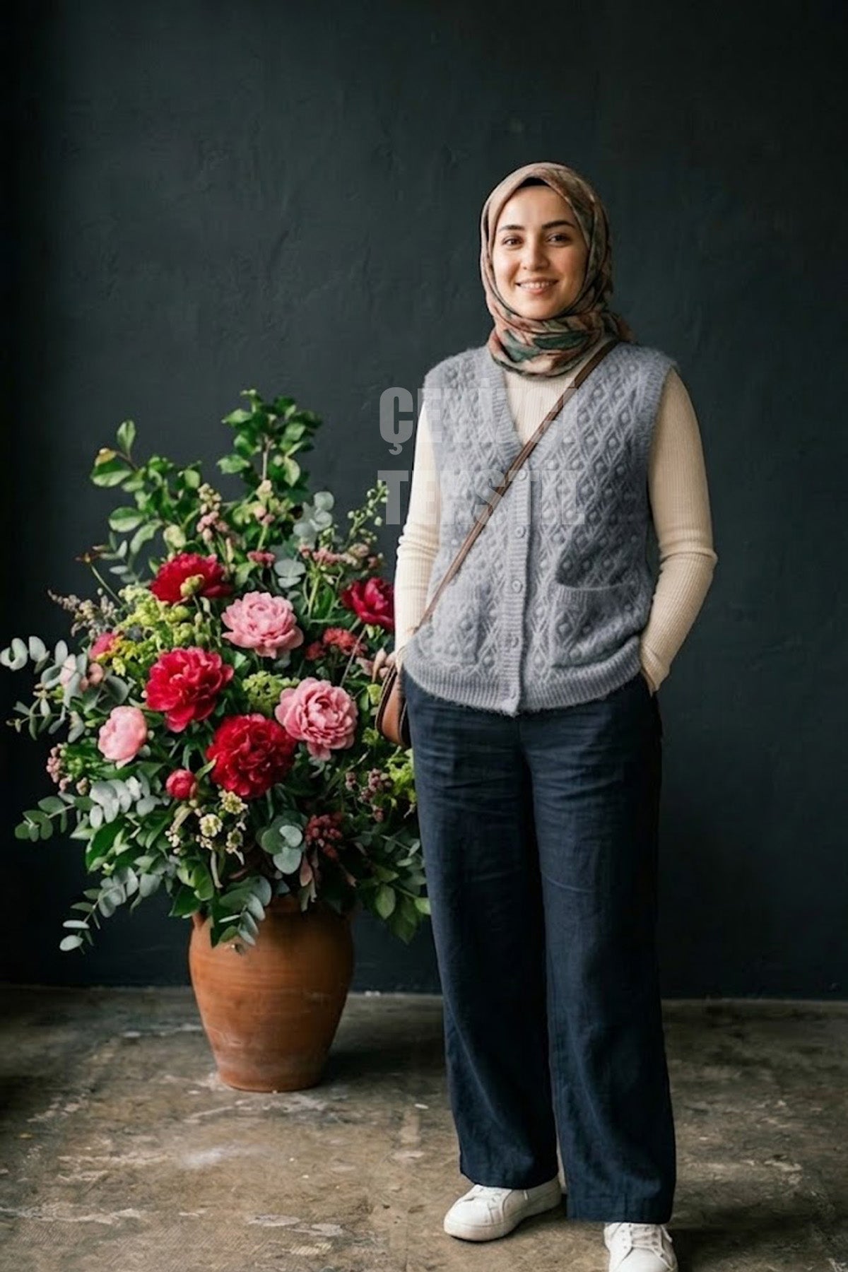 Yumoş Ponpon Düğmeli Yelek - Gri