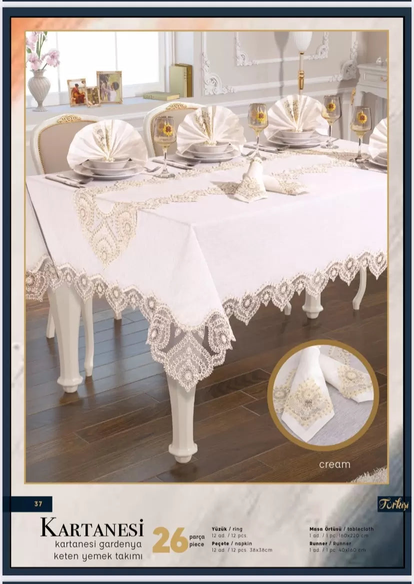 Gardenya Keten Kartanesi Krem 26 Parça 160 × 220 cm Masa Takımı Seti