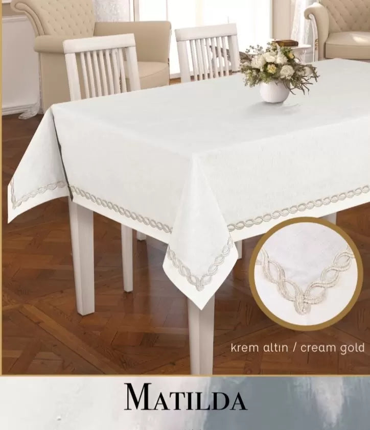 Keten Masa Örtüsü Matilda Model 155x300 cm Krem-Gold Yemek Masası Örtüsü Tasarım