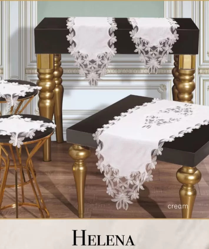 Salon Takımı 5 Parça Keten Dantelli Masa Örtüsü Runner Seti Çeyizlik Helena Model Krem