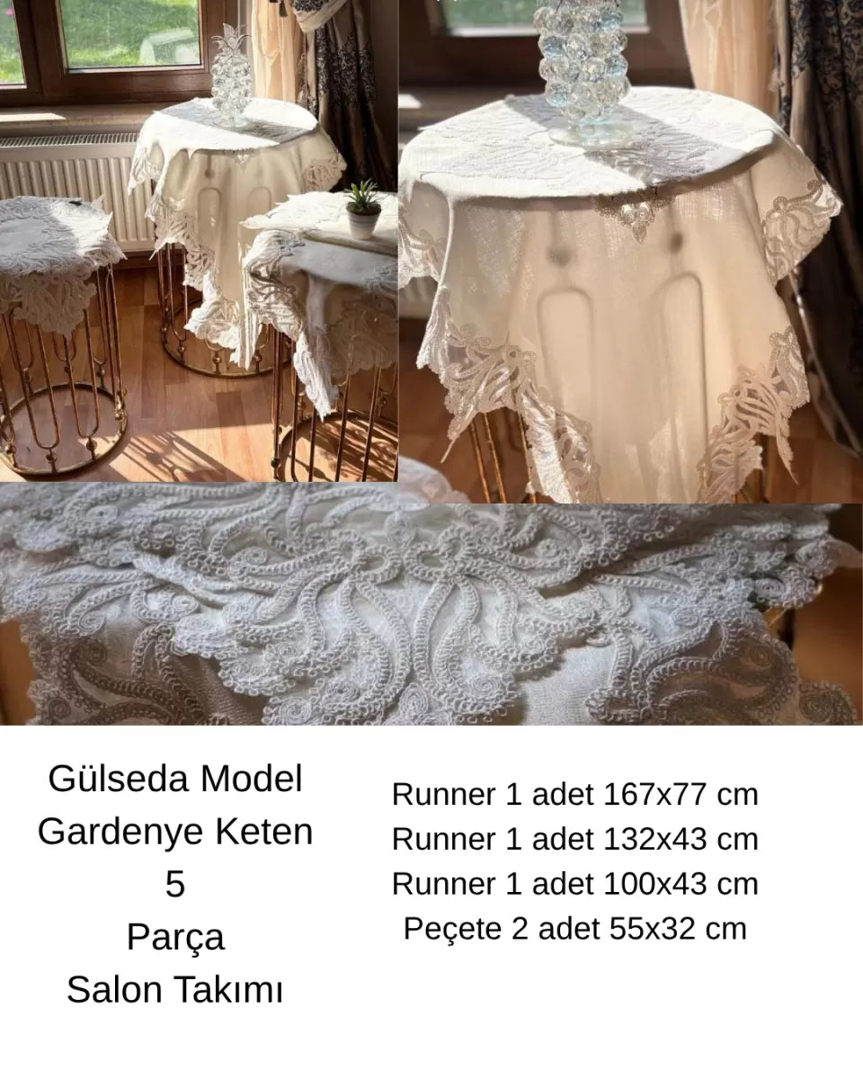 Gülseda Model Krem-Krem 5 Parça Keten Dantelli Runner Seti Zarif Çeyizlik Salon Takımı