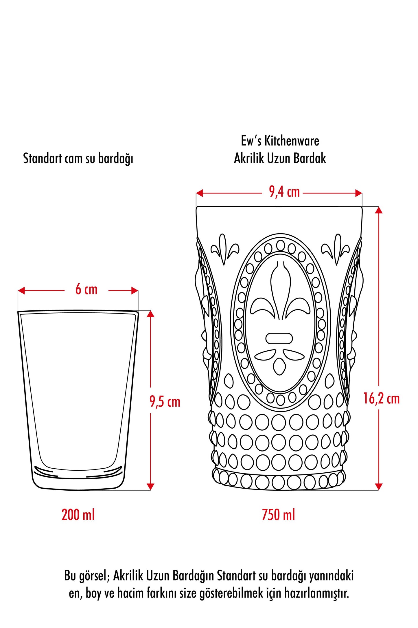 Akrilik Füme 6'lı Uzun Bardak & Su Meşrubat Bardağı 750 ml (Büyük Boy & Cam Değildir)