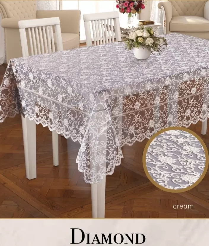 Dertsiz İşlemeli Daimond Model Krem 160x220cm Dantelli Tek Masa Örtüsü Yemek Masası