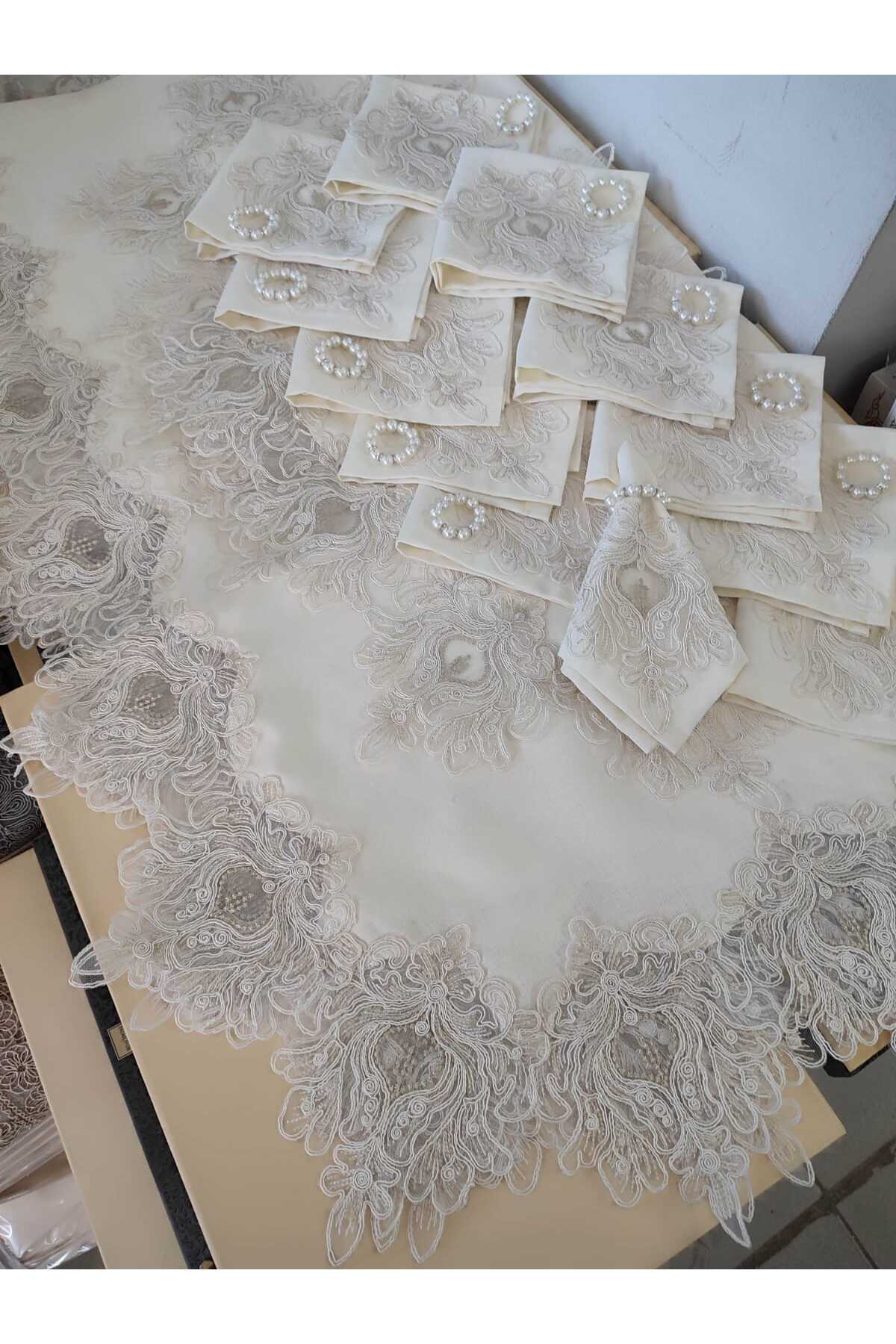 Masa Örtüsü Takımı 26 Parça Lüks 12 Kişilik Masa Örtüsü Seti Krem