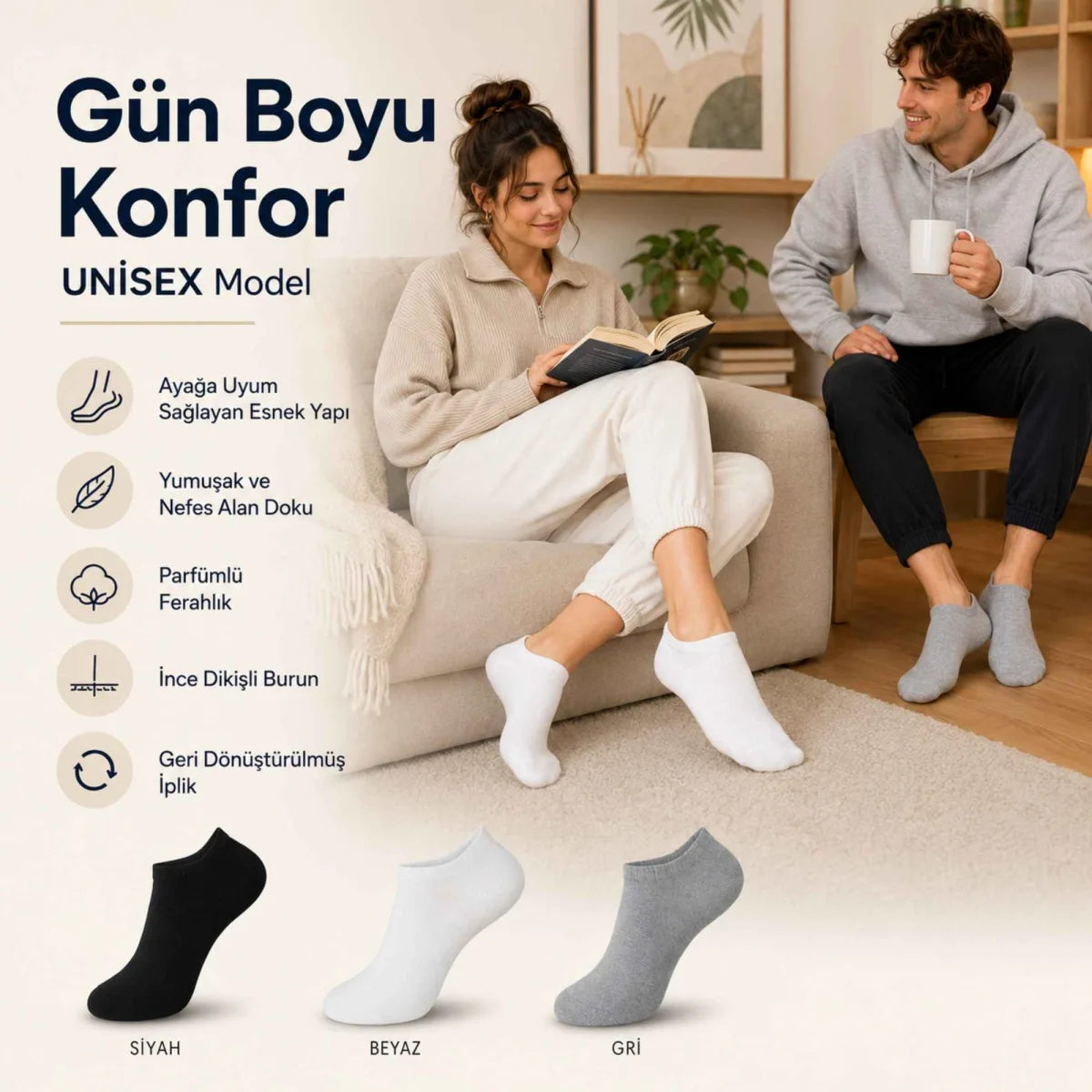 Unisex Dikişsiz Kısa Konç 12'li Patik Çorap, %85 Pamuklu Geri Dönüştürülmüş İplik, Parfümlü, Siyah Beyaz Gri, Yumuşak Nefes Alan Günlük Spor Çorabı