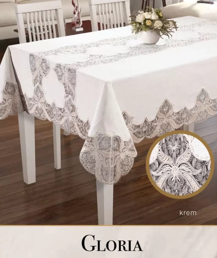 Krem Gloria Model Keten 160x260 cm Dantelli Dekoratif Yemek Masası Örtüsü