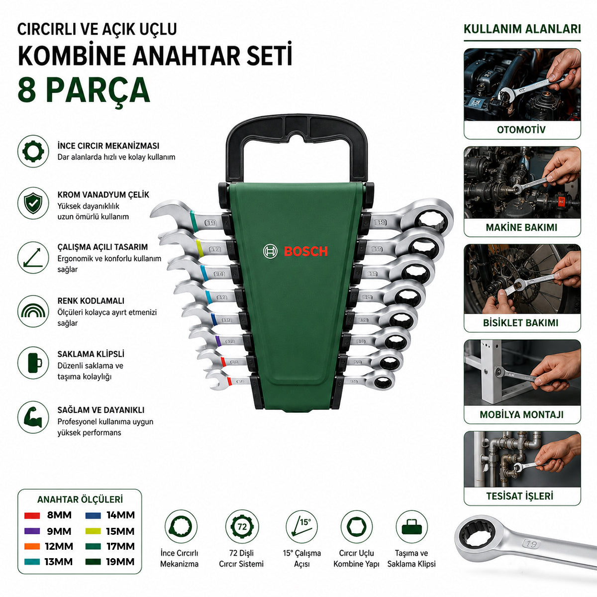 8 Parça 8-19 mm Kombine Anahtar Takımı (Plastik Standlı, Taşıma Aparatlı)