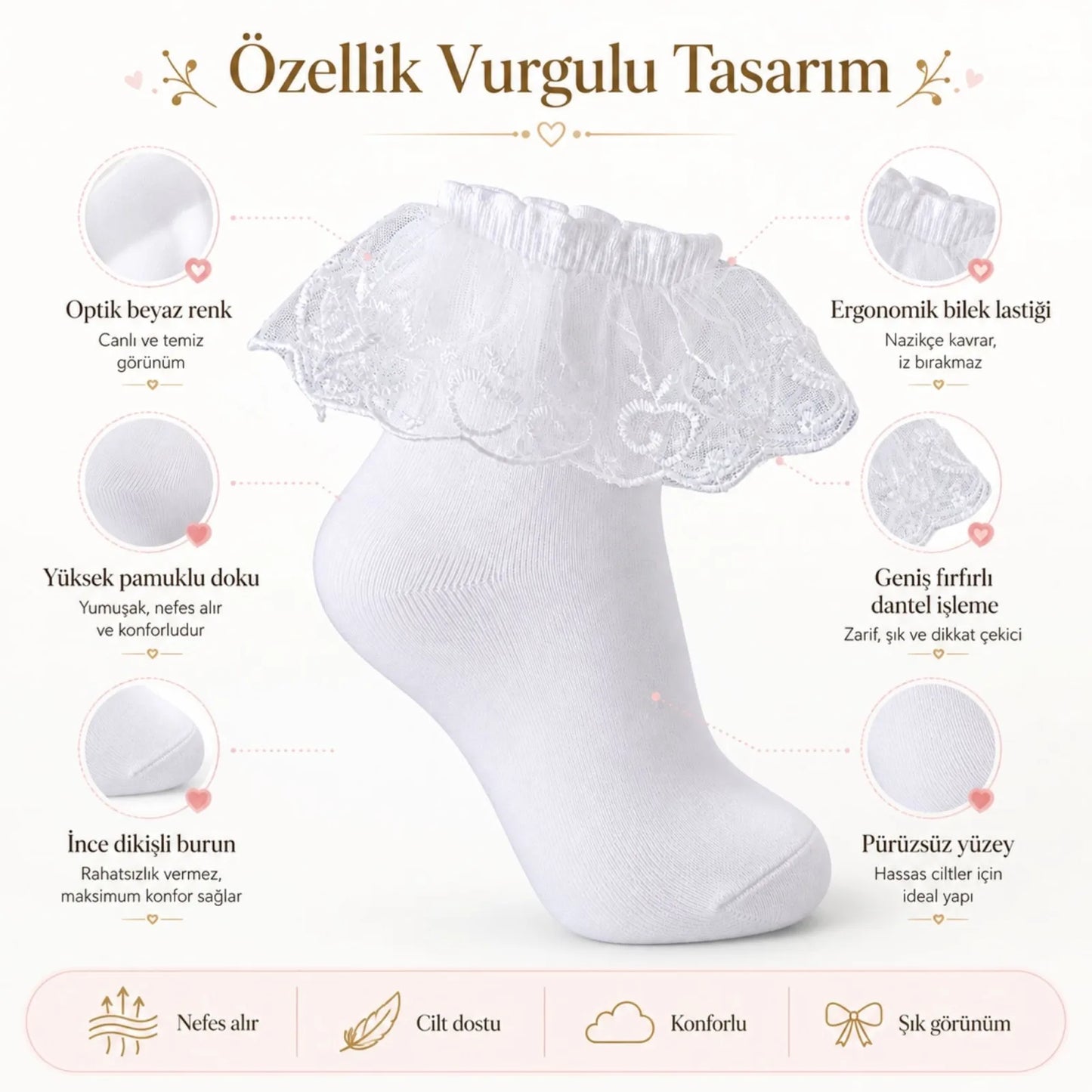 Kız Çocuk 6'lı Beyaz Dantelli Soket Çorap, Yüksek Pamuklu Okul Gösteri ve Özel Gün Çorabı