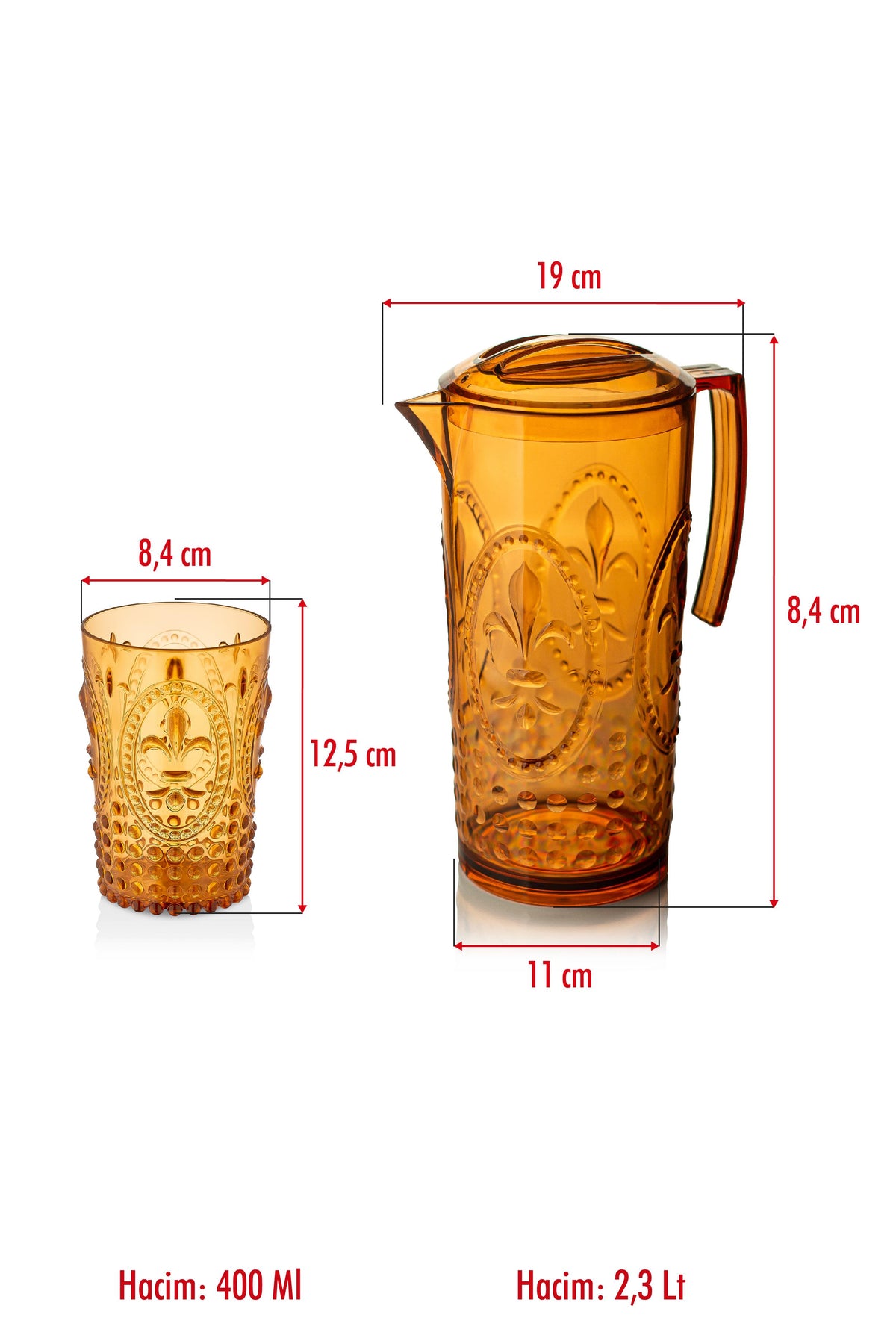Akrilik Bal Sürahi 2,3 lt Ve 6'lı Su Meşrubat Kahve Yanı Bardağı 400 ml Seti (Cam Değildir)