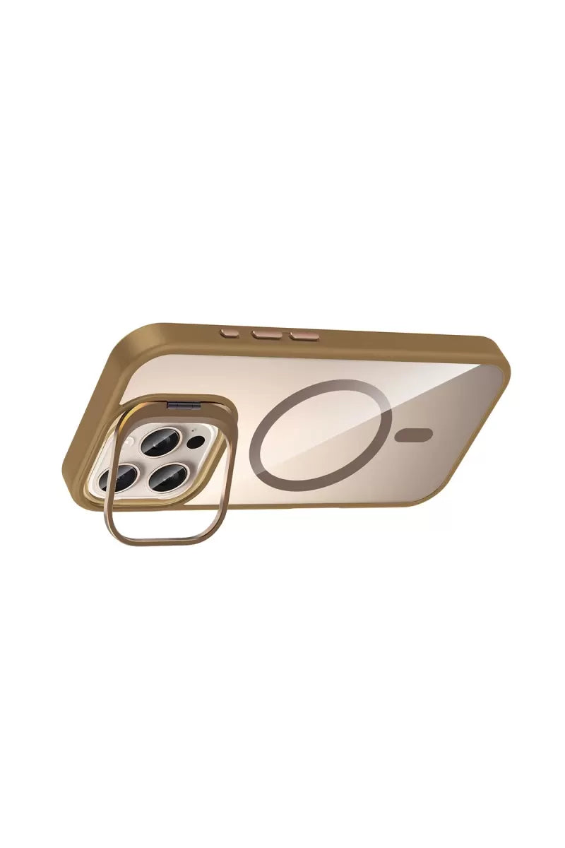 iPhone 16 Pro Max Remim Lensli Magsafe Standlı Kapak - Kahverengi