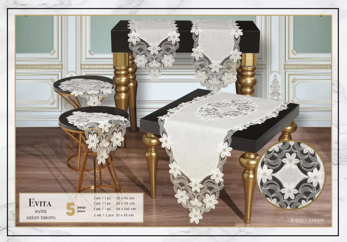 Salon Takımı Evita Model Krem-Krem 5 Parça Keten Dantelli Masa Örtüsü Runner Seti
