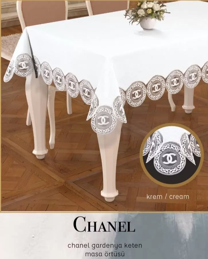 160x260 cm Chanel Model Gardenya Keten Krem-Krem Masa Örtüsü Şık Dekoratif