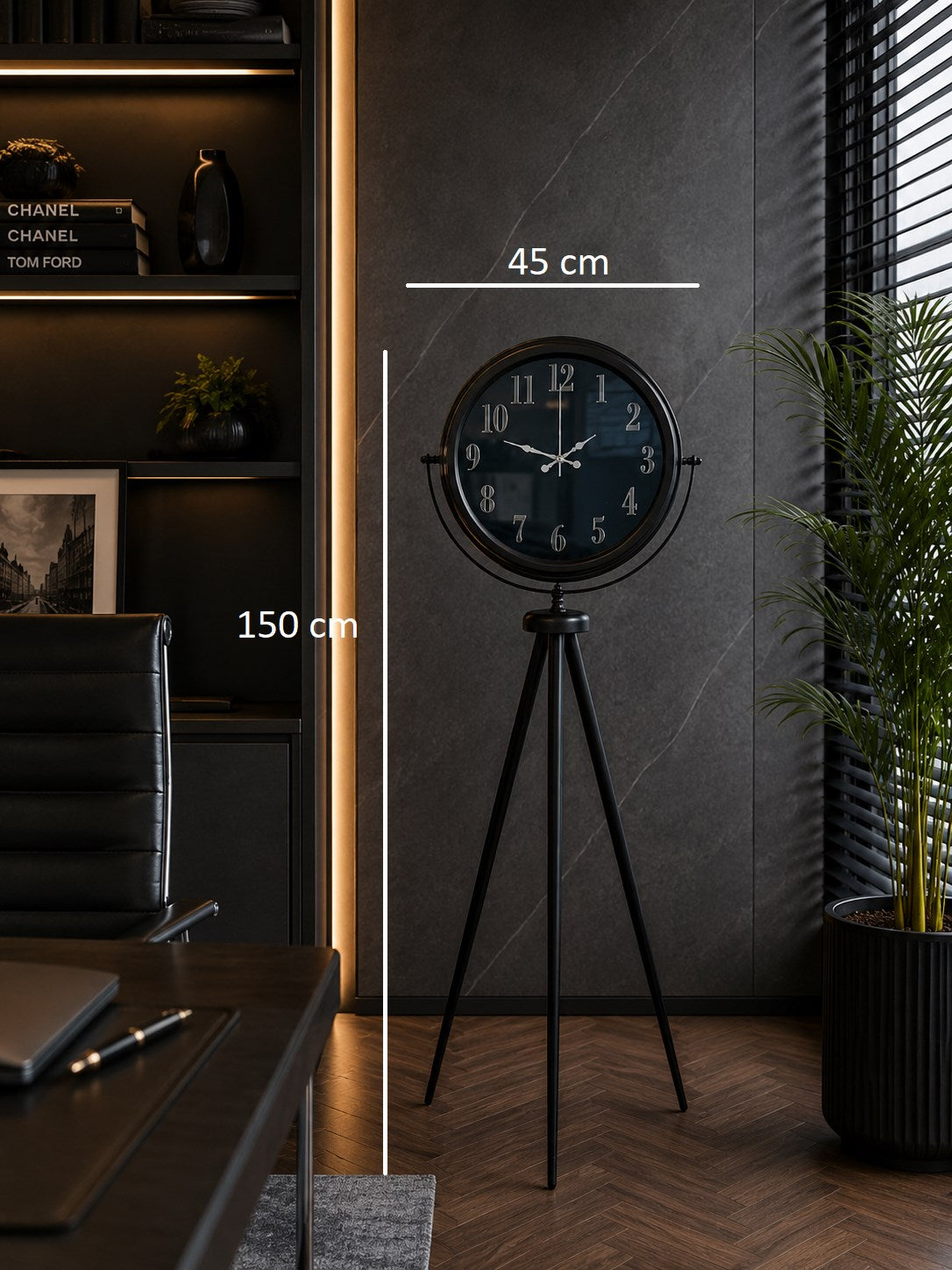 Siyah Elegance Aynalı Tripod 150 x 45 Cm Ayaklı Saat