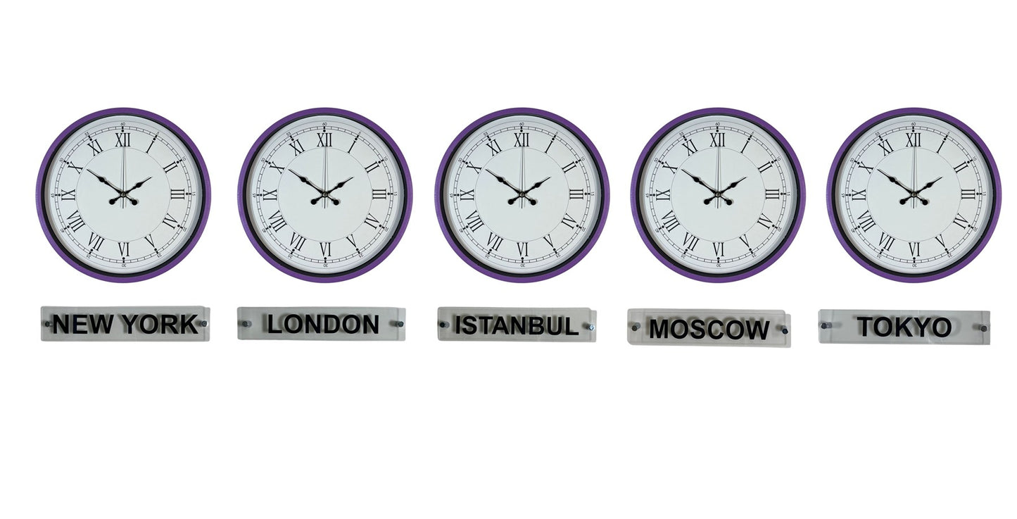 Modern Mor 36 Cm 5 li Tabealalı Dünya Saatleri