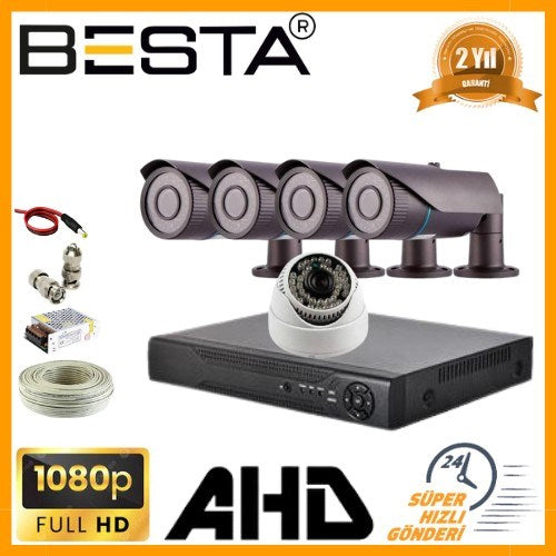 2MP 1080P 4 Dış 1 İç Mekan Kameralı AHD Güvenlik Seti
