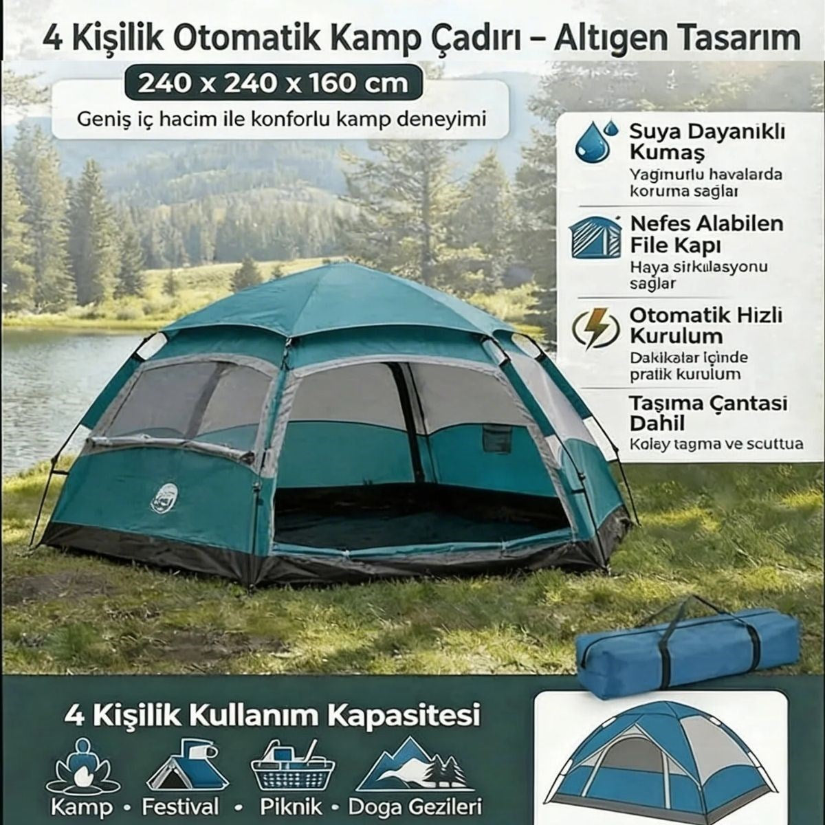 BUFFER® 4 Kişilik Otomatik Kamp Çadırı – Altıgen Tasarım, Çift Kapılı, Suya Dayanıklı, Hızlı Kurulumlu Geniş Aile Outdoor Çadırı 240x240x160 cm