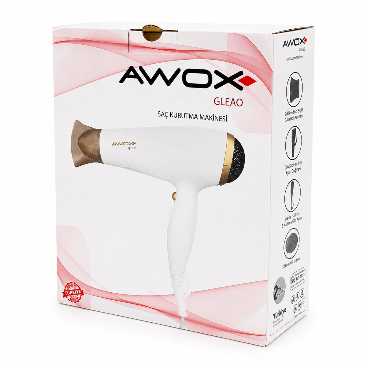 AWOX GLEAO BEYAZ SAÇ KURUTMA - FÖN MAKİNESİ SOĞUK ÜFLEME 2 KADEME FAN - 3 KADEME SICAKLIK 1700-2000W (5643)