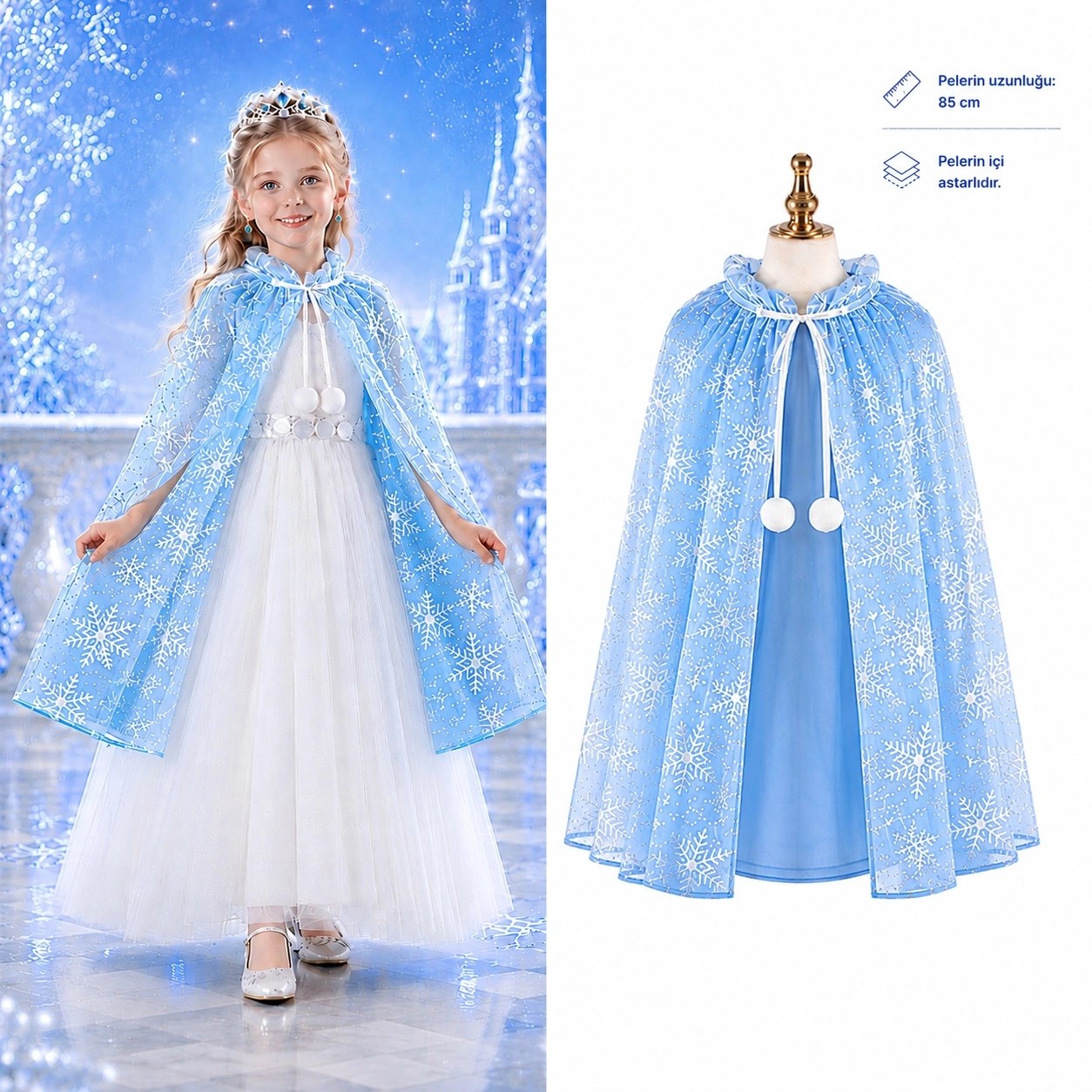 Kar Tanesi Desenli Mavi Elsa Pelerini - Astarlı Frozen Pelerini 85 cm