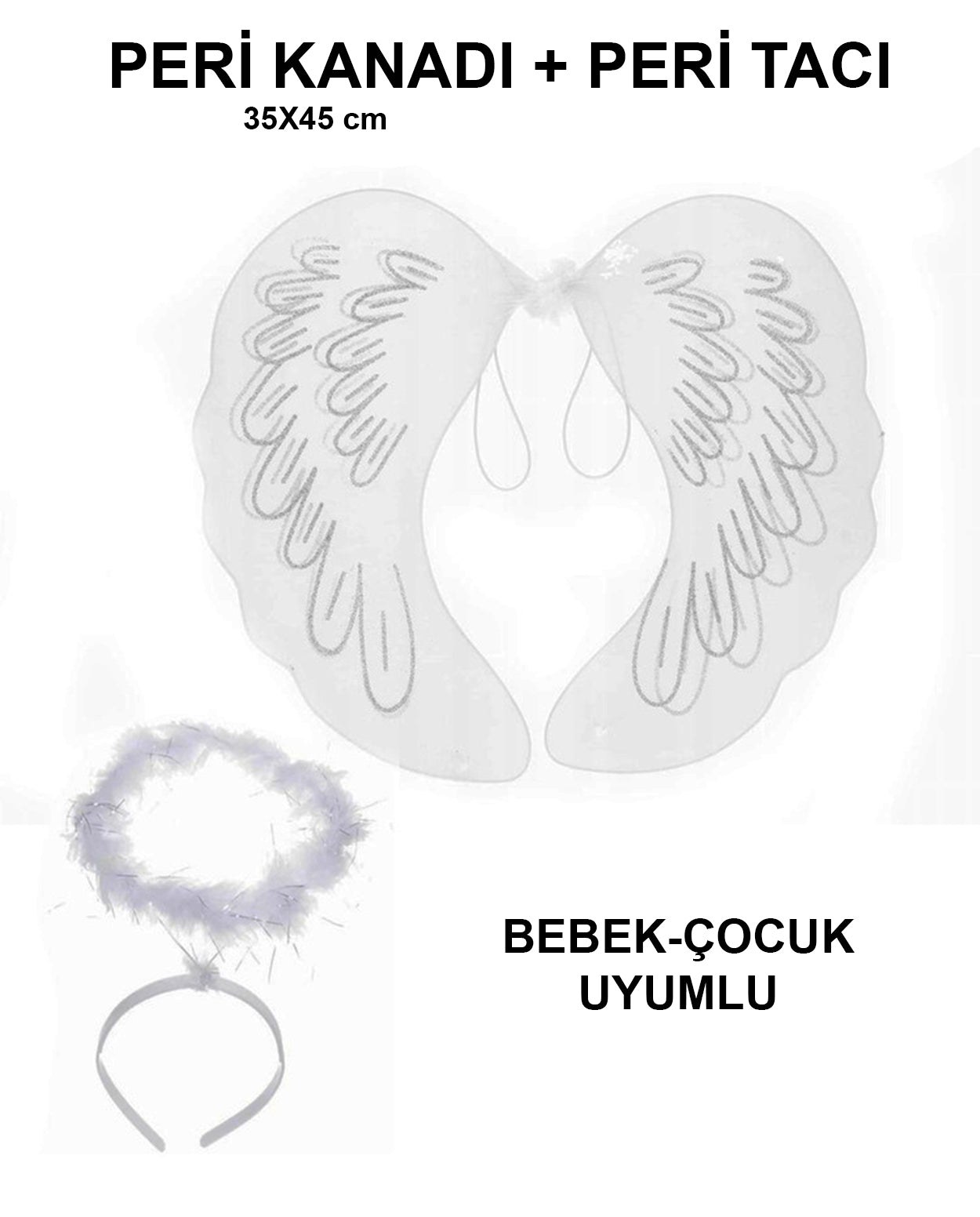 Beyaz Otrişli Dantel Tüllü Peri Kanadı ve Peri Tacı Seti 45x40 cm (5643)