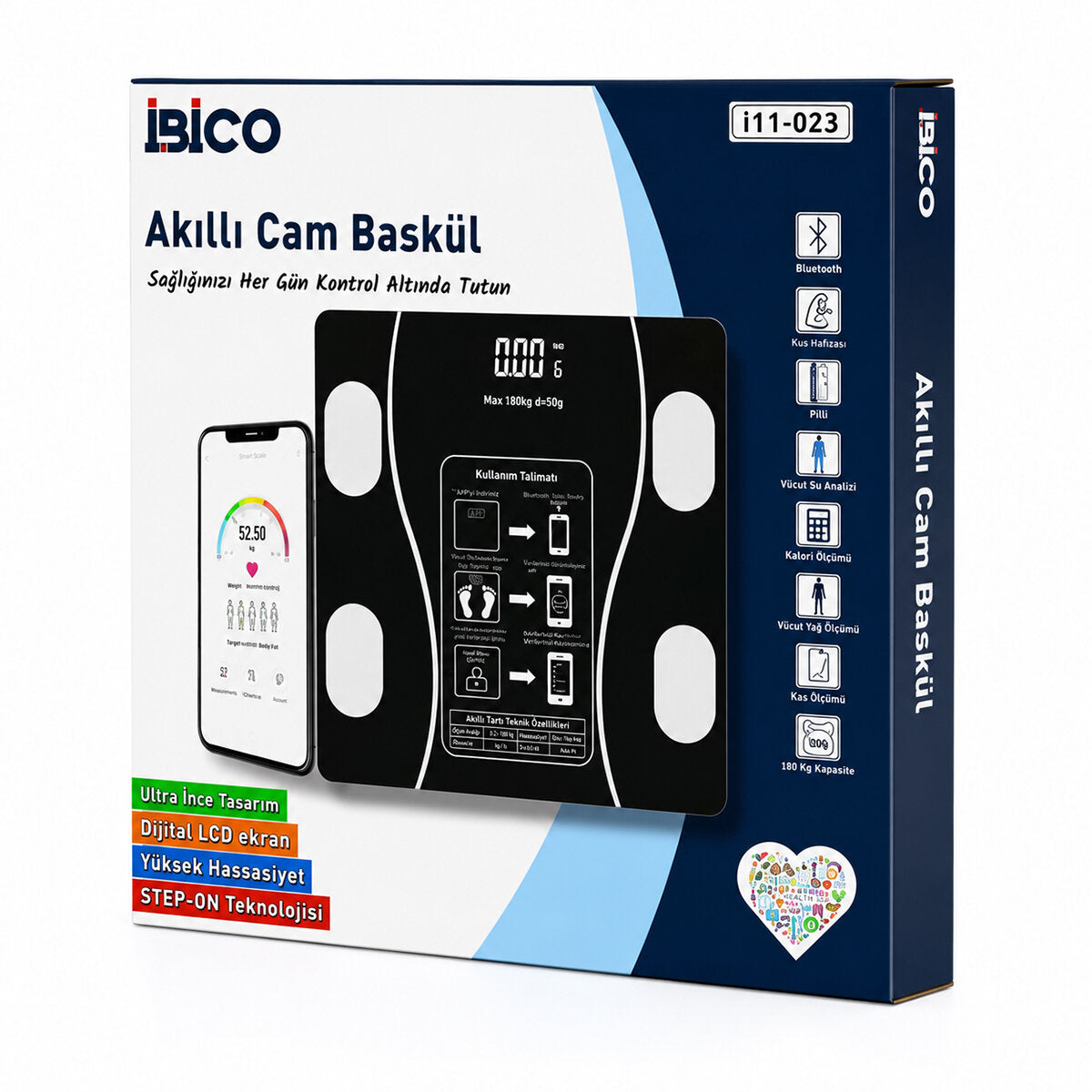 BLUETOOTH - VÜCUT ANALİZLİ DİJİTAL BASKÜL TERAZİ TARTI 180KG/50G YAĞ - SU - KAS ORAN - BMI İ11-023 (5643)