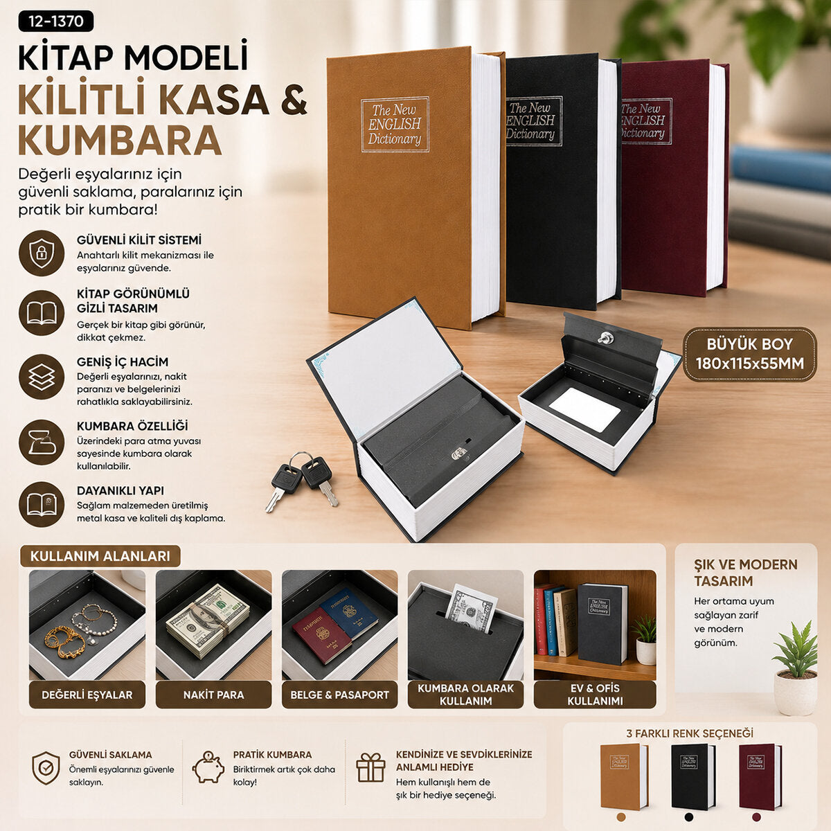 BÜYÜK=180X115X55MM KİTAP MODELİ KİLİTLİ KASA - KUMBARA RENKLİ (5643)
