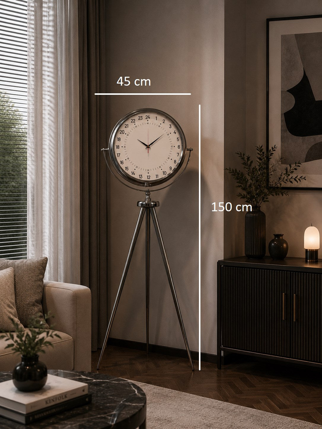 Krom 24 Saat Göstergeli 150 x 45 Cm Metal Özel Tasarım Tripod Ayaklı Saat