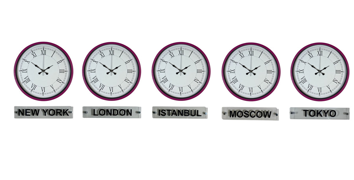 Pembe 36 Cm 5 li Tabelalı Dünya Saatleri