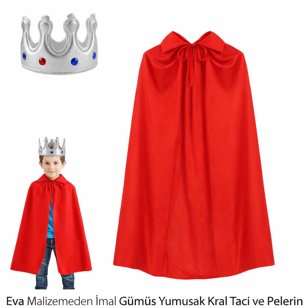 Çocuk Boy Kral Pelerini 90 cm ve Yumuşak Eva Kral Tacı Gümüş Renk (5643)