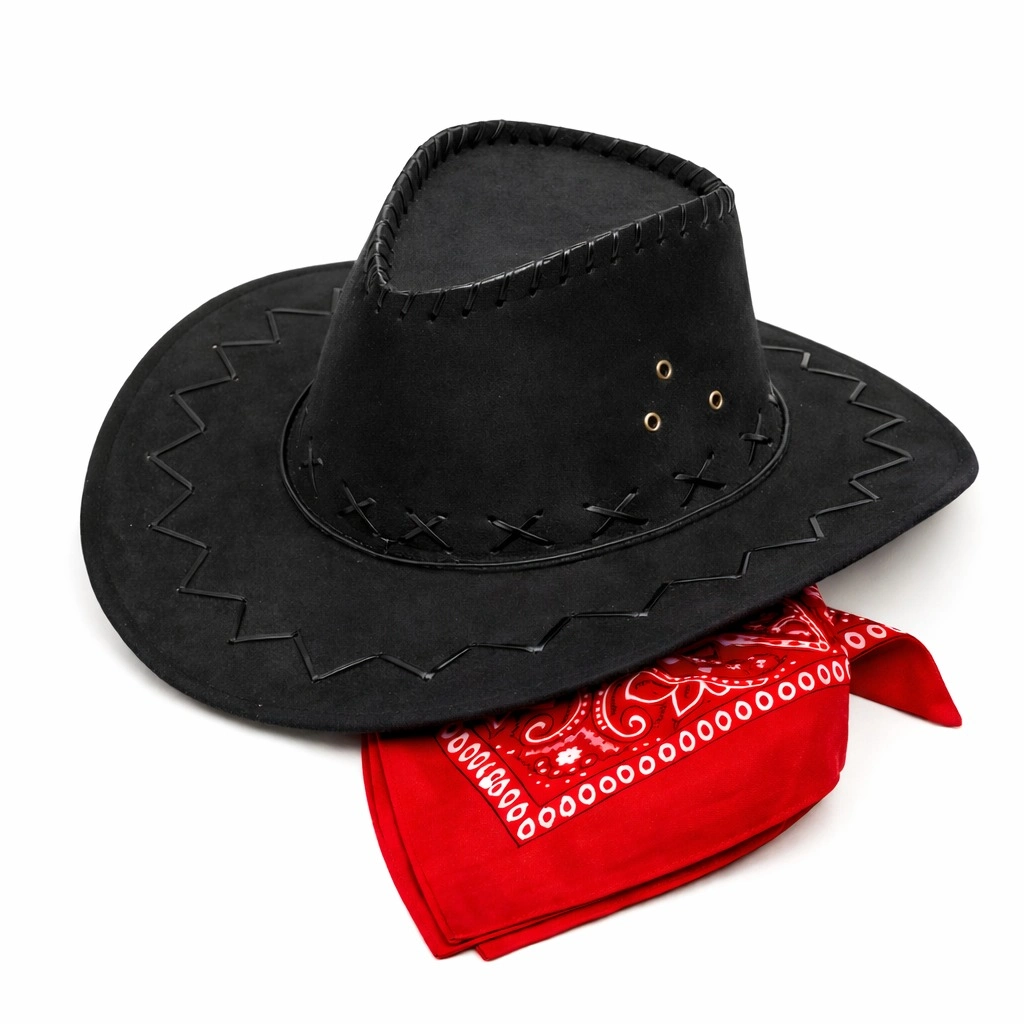 Çocuk Kovboy Şapka Siyah & Kırmızı Bandana Fular Seti