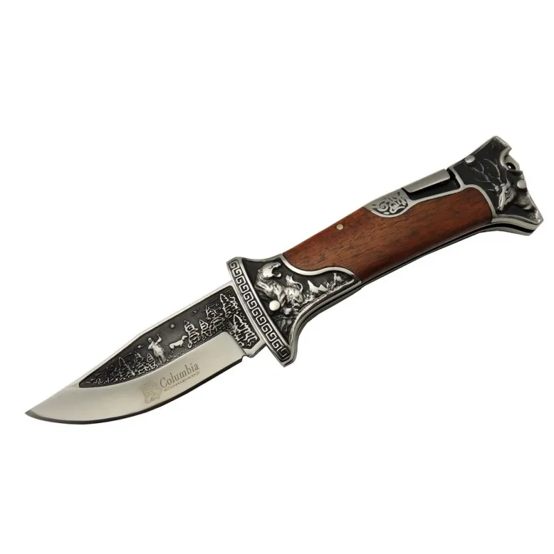 Columbia A3188-2 Geyik Desenli Outdoor Çakı 23 Cm - İşlemeli Ahşap Saplı, Perçinli, Deri Kılıflı