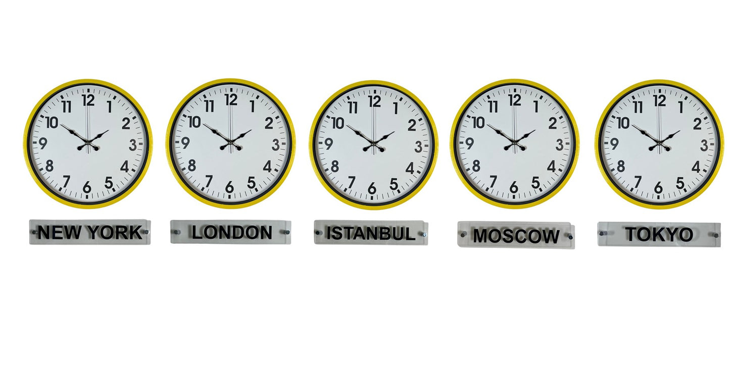 Sarı Tabelalı 5 li 36 Cm Dünya Saatleri