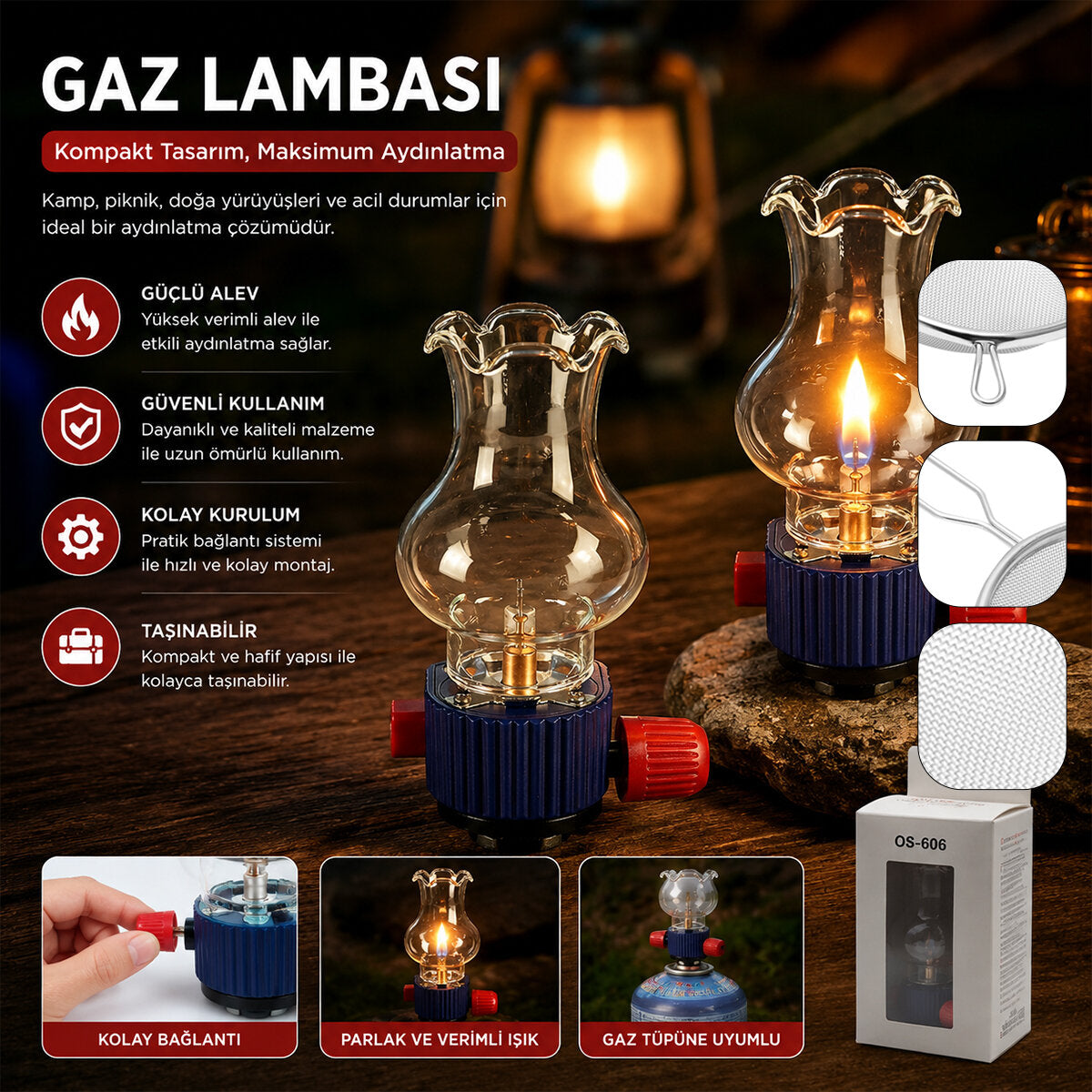 DEKORATİF GAZ LAMBASI GAZ KARTUŞ UYUMLU TAŞINABİLİR - CAM HAZNELİ ISIYA DAYANIKLI (5643)