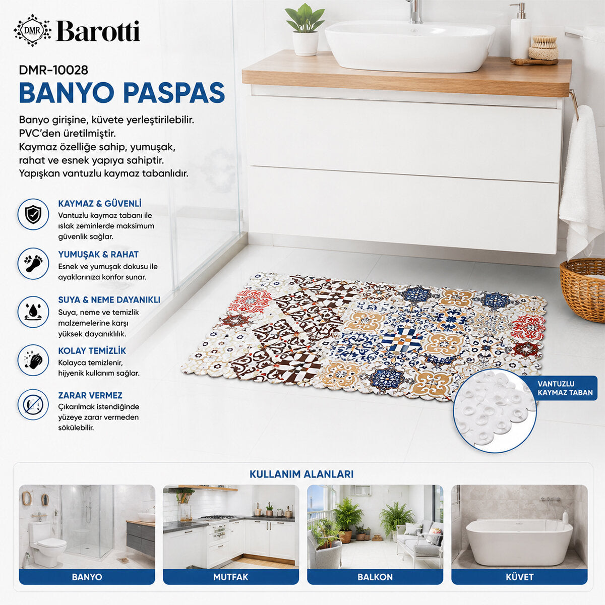 DİKDÖRTGEN DESENLİ 70 X 34 CM SU EMİCİ - SİHİRLİ KAYDIRMAZ BANYO - KÜVET PASPAS (5643)