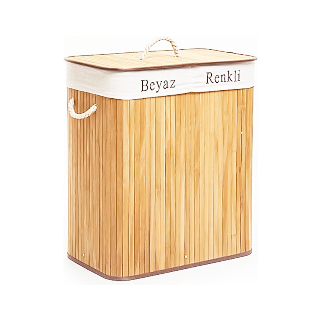 DİKDÖRTGEN İKİ BÖLMELİ İÇ BEZ BAMBU AHŞAP KİRLİ ÇAMAŞIR SEPETİ İP KULP 52X32X62CM (5643)
