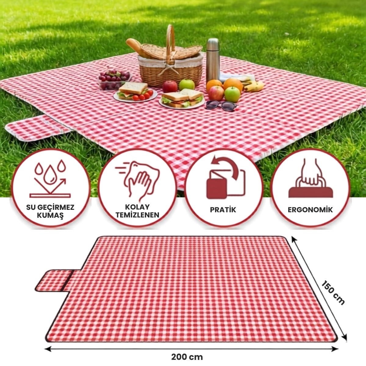 BUFFER® Su Geçirmez Kum Tutmaz Plaj ve Piknik Örtüsü Katlanabilir Kamp Matı Dış Mekan Örtüsü Kırmızı Kare