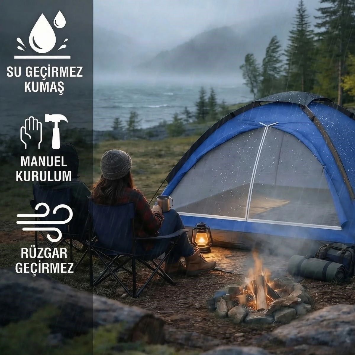 BUFFER® 3 Kişilik Manuel Kamp Çadırı – Düz Kapılı Outdoor Aile, Doğa, Piknik ve Kamp Çadırı 200x150x110 cm