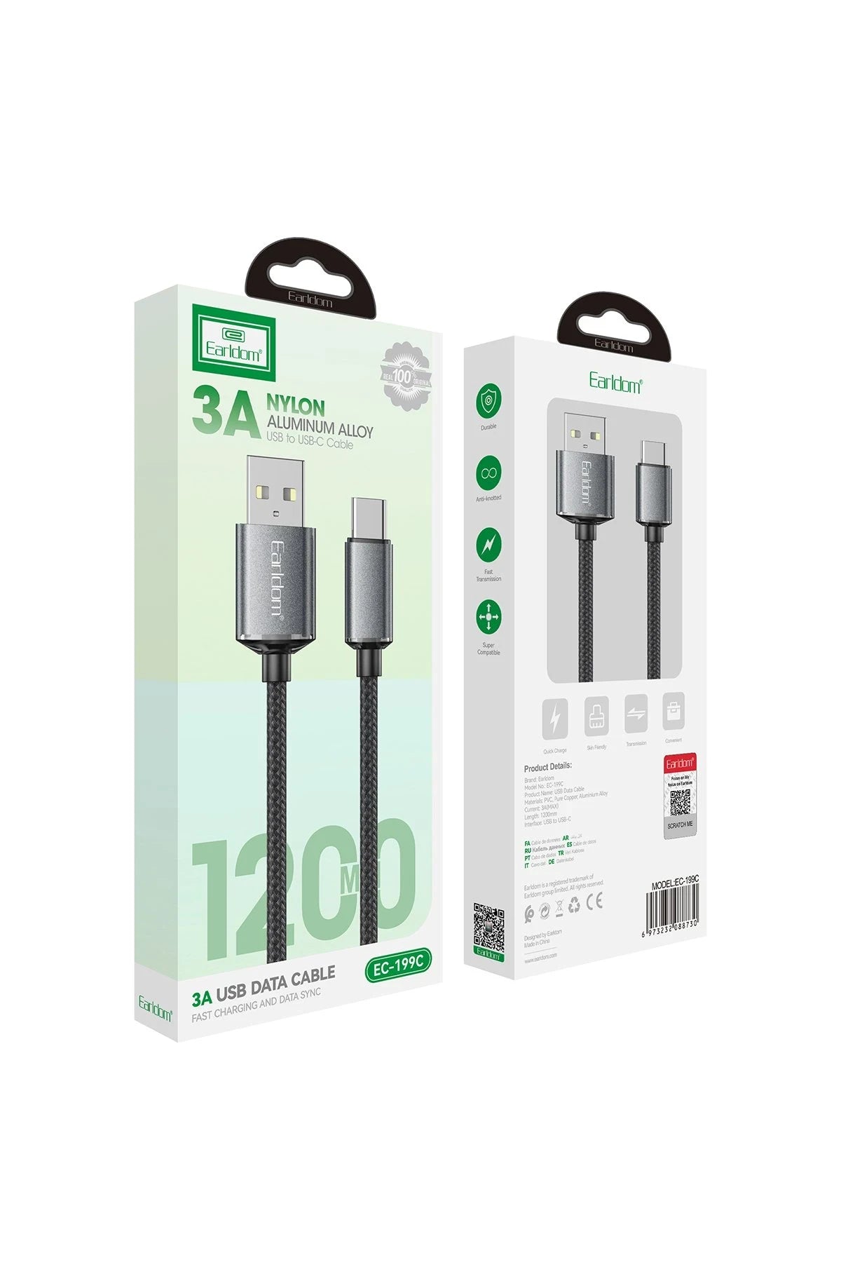 Earldom EC-199C 1.2M 3A USB to Type-C Hızlı Şarj Kablosu - Siyah