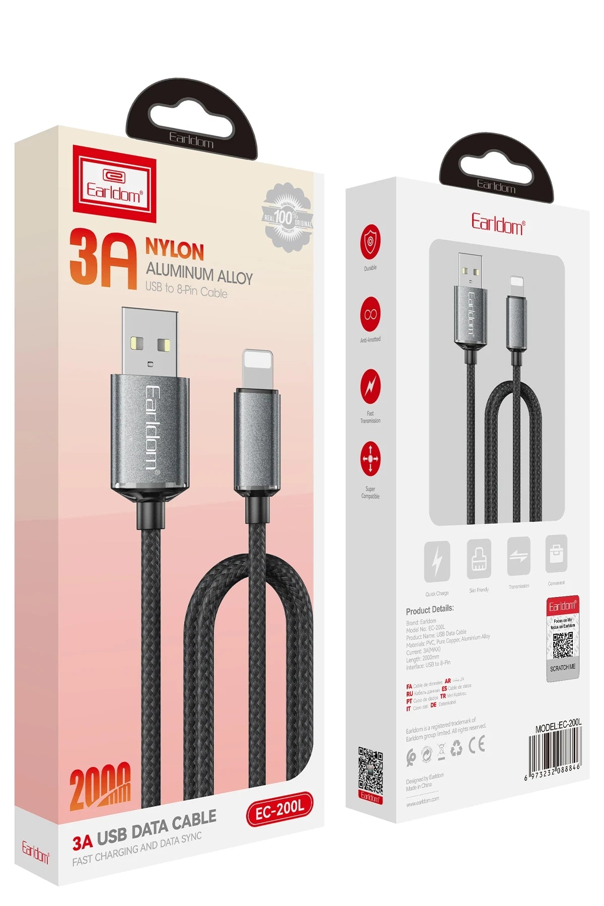 Earldom EC-200L 2M 3A USB to Lightning Hızlı Şarj Kablosu - Siyah