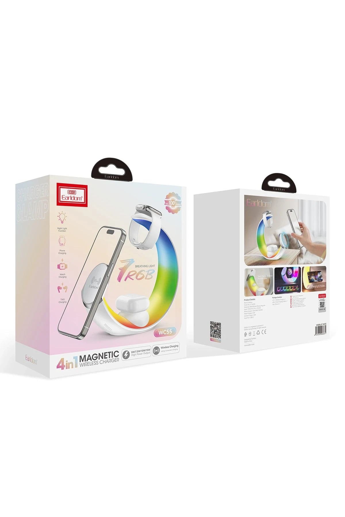 Earldom WC55 4in1 15W Telefon Saat ve Airpods İçin RGB Kablosuz Şarj Standı - Beyaz