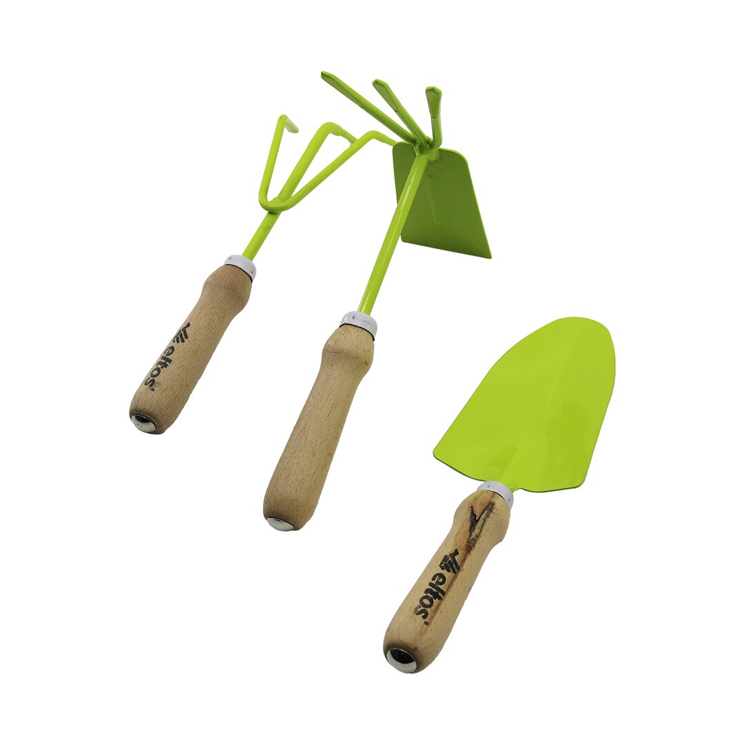 ELTOS EBS-003 3PCS BAHÇE HOBİ SETİ RENKLİ METAL ÇİFT BAŞLI ÇAPA - 3 DİŞLİ TIRMIK - KÜREK AHŞAP SAPLI (5643)