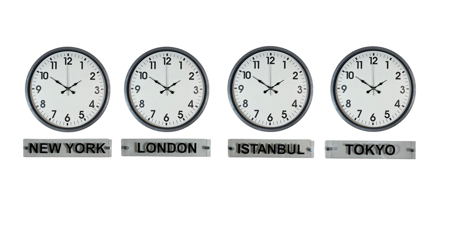 Gri Modern Seri 4’lü 36 Cm Tabelalı Dünya Saatleri